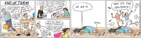 End of term cartoon by Becky Barnicoat, panel 1