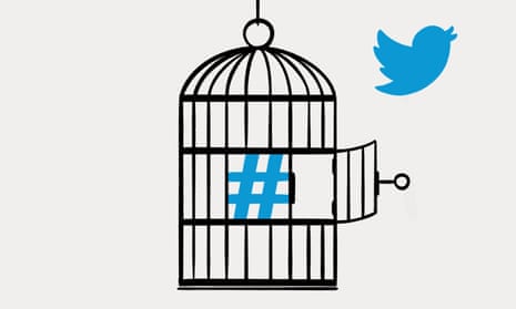 Illustration of hashtag in cage while Twitter bird flies away