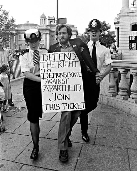 Jeremy Corbyn MP being arrested in front of South Africa House in London in 1984.