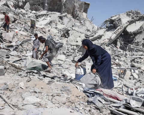 A view of heavy damage after Mushtaha Tower collapsed following Israeli airstrikes in Gaza City, Gaza, on September 5, 2025.