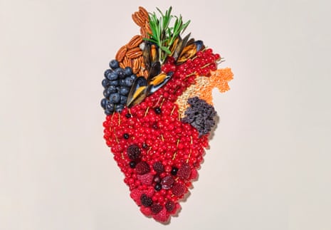 Collage: human heart made up of various foods, mostly berries