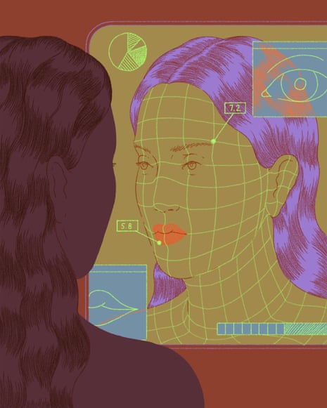 Woman looking at her digitally mapped reflection on a screen