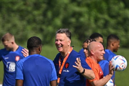 Louis van Gaal is all smiles during a training session at the Netherlands' camp in Qatar