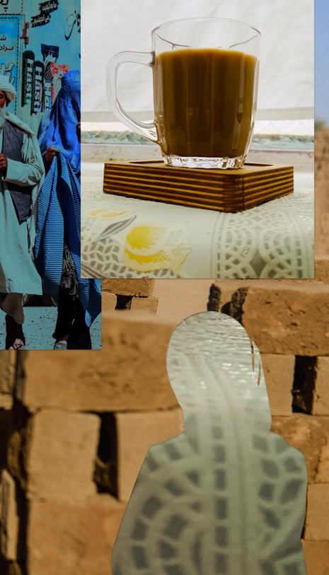 A collage featuring a cup of coffee and the cutout silhouette of a woman against a brick wall