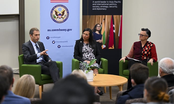 US deputy special envoy for climate Rick Duke (left) and head of division at the Australian Department of Change, Energy, the Environment and Water Kushla Munro (right) speak during a talk at the Australian National University in Canberra on Thursday.