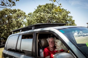 Marilyn Withers of Nicholson takes refuge in 4WD at Bairnsdale.