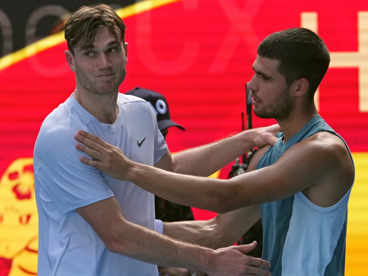 Draper retires injured as Alcaraz sets up Australian Open quarter-final with Djokovic | Australian Open | The Guardian