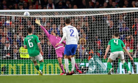 France’s Benjamin Pavard scores his side’s first goal past Gavin Bazunu of Ireland.