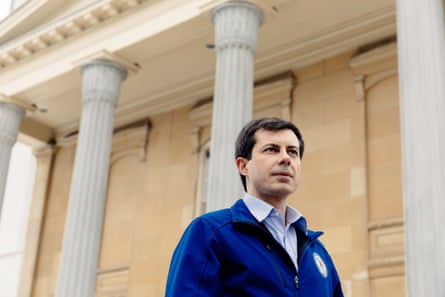 South Bend mayor and 2020 presidential candidate, Pete Buttigieg, in front of the county courthouse in South Bend, Indiana. February 12, 2019
