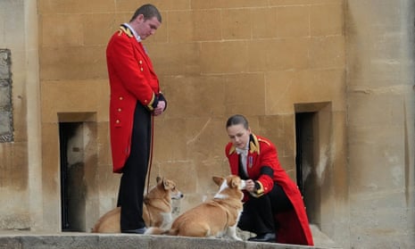 Members of staff, with corgi dogs, await the arrival of the coffin at Windsor Castle.