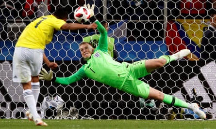 Jordan Pickford saves Carlos Bacca’s penalty as England beat Colombia at the 2018 World Cup.