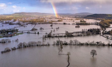 Flooding in the Wye valley, England, after Storm Dennis in 2020