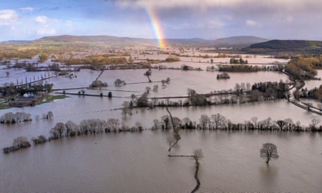 Flooding in the Wye valley, Hereford, after Storm Dennis in 2020.
