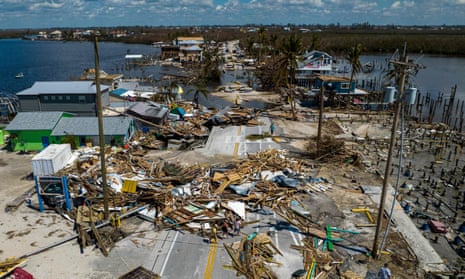 Debris and destroyed houses in the aftermath of Hurricane Ian in Matlacha, Florida