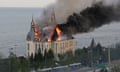 Law academy building on fire in Odesa, Ukraine, after a deadly Russian missile attack.