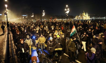 Thousands protest against the new overtime law in Budapest, Hungary