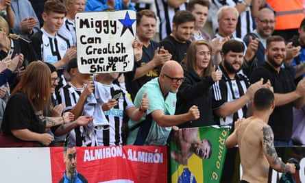 ‘Angel of the North’: how Almirón found form to fire Newcastle dreams | Newcastle United 6 Miguel Almirón gives his shirt to a Newcastle fan whose sign references Jack Grealish