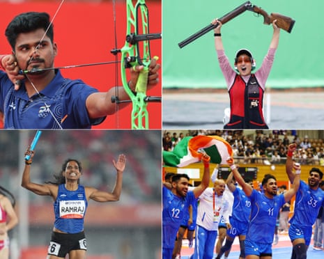 Four athletes celebrate: an archer, shooter, sprinter and kabaddi team cheer with a baton and flag
