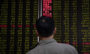 An investor watches stock prices in Beijing on Monday. The main Shanghai index was down more than 6% at one point.