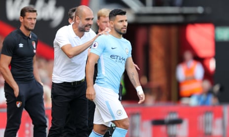 Manager Pep Guardiola of Manchester City sends in Sergio Aguero of Manchester City as a substitute.
