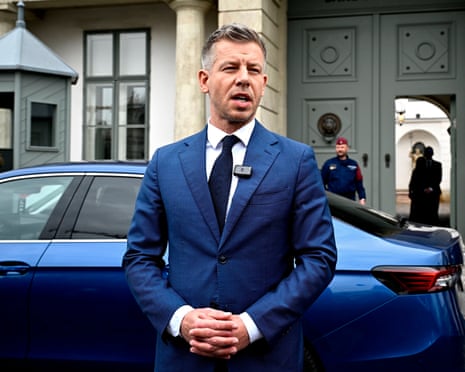 Tisza Party leader and prospective prime minister Péter Magyar speaks to the press before a meeting with the Hungarian president at the Sandor Palace in Budapest, Hungary.