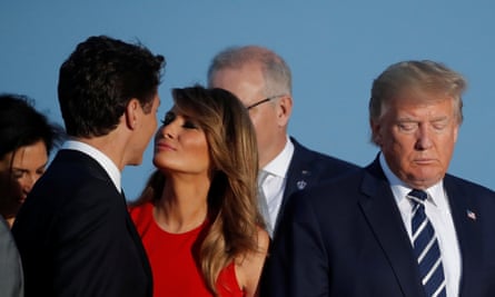 Former US first lady Melania Trump moves in to kiss Canada’s prime minister, Justin Trudeau, at the G7 summit in Biarritz, France, in 2019.