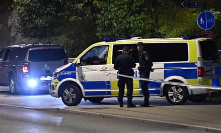 A police vehicle near the Israeli embassy in Stockholmd