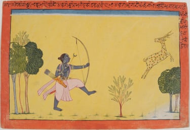India, Pahari, Mandi ‘Rāma chasing the golden deer Maricha’ mid 1700s, folio from the ‘Shangri Ramayana’, opaque watercolour on paper, 21.5 × 31.5 cm, National Museum, New Delhi.
