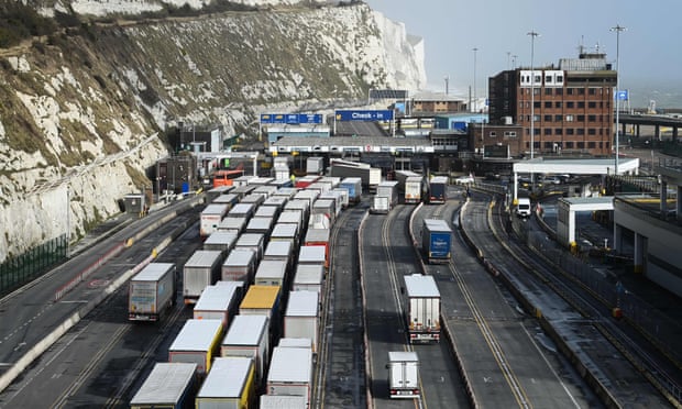 Lorries queue in Dover, south-east England, on 16 February 2022