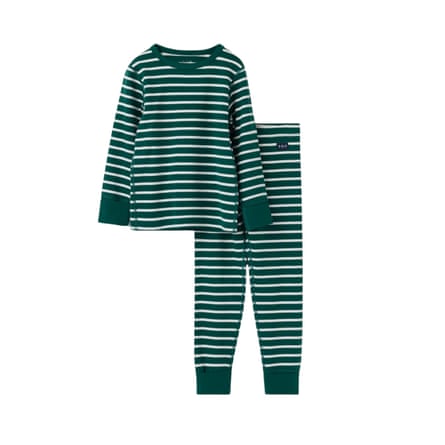 A green and white striped long-sleeved pyjama top and matching trousers laid flat