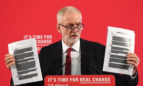 Jeremy Corbyn holding redacted documents of secret talks between the UK and US governments