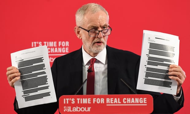 Jeremy Corbyn holds up redacted documents of secret talks between the UK and US, during a speech on the NHS in London, November 2019.