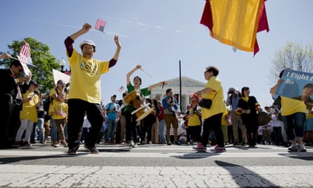 Supporters of fair immigration reform dance in the street in front of the supreme court on Monday.