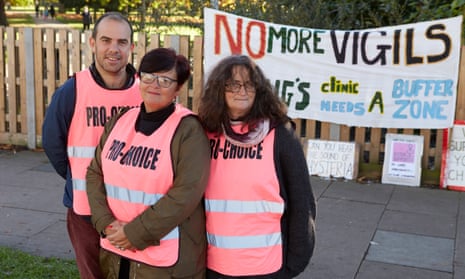 The pro-choice campaigners Richard Tall, Carol O’Donaghue and Bunny Veglio outside the Marie Stopes clinic in Ealing.