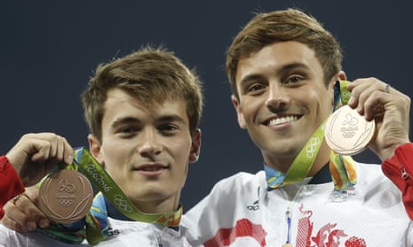 British Olympians Daniel Goodfellow and Thomas Daley with their bronze medals following the synchronised diving event. 