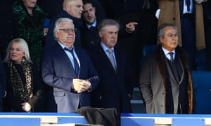 Ancelotti, Bill Kenwright and Farhad Moshiri (right) watch Everton’s 0-0 draw with Arsenal.
