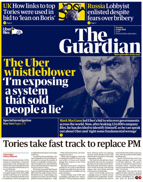 Guardian front page, 12 July 2022