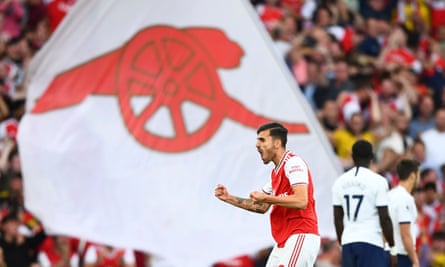 Dani Ceballos celebrates one of Arsenal’s goals in the draw with Tottenham. ‘I love football here, the way they live and breathe it,’ he says.