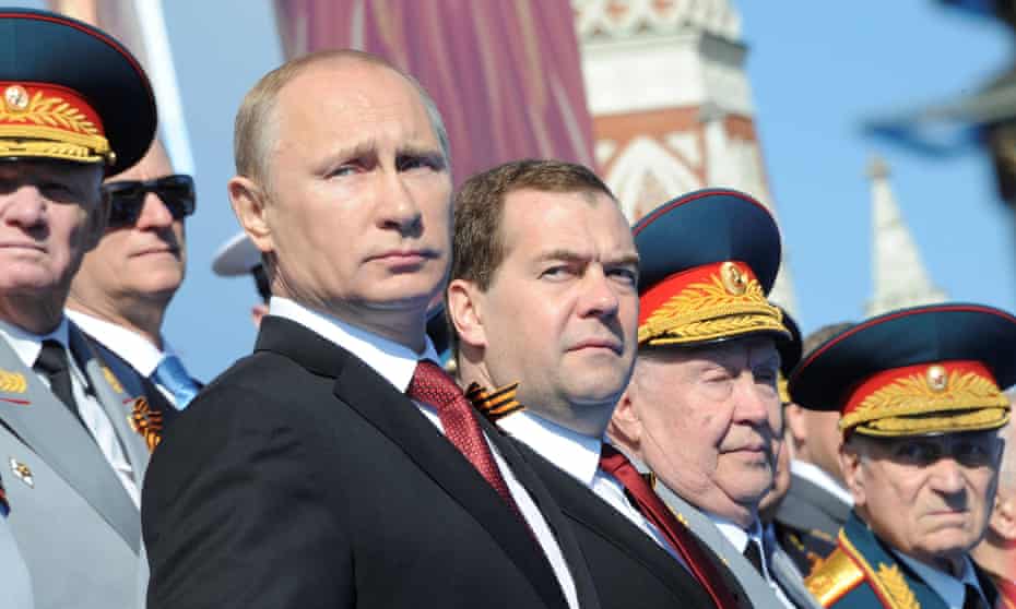 Dmitry Medvedev, pictured alongside Vladimir Putin, has warned that the west must drop sanctions on Russia to fix the food crisis sparked by its invasion of Ukraine.