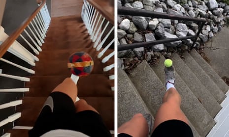 Footballer takes keepie uppies to new level going up and down stairs – video 