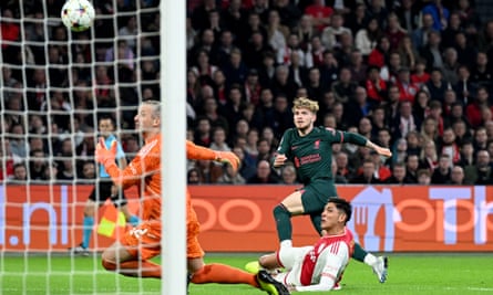 Harvey Elliott scores against Ajax in the Champions League.