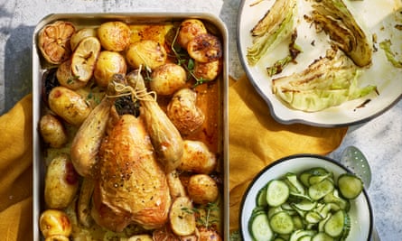 Roast chicken with sweet-and-sour cucumber salad.