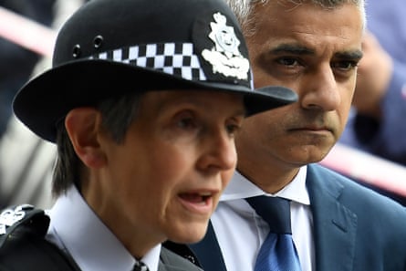 Mayor of London Sadiq Khan (R) listens as Metropolitan Police Commissioner Cressida Dick makes a statement on Borough High Street in London on June 5, 2017, after visiting the site of the June 3 terror attack, near to Borough Market