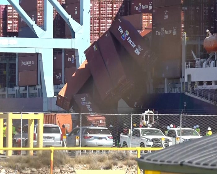 Footage shows containers topple off cargo ship in California – video