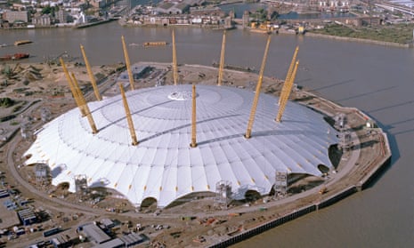 Aerial view of the Millennium Dome structure with masts and roof structuure in place.