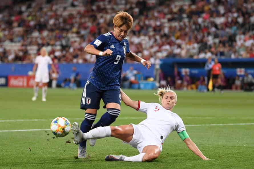 A quality tackle from England’s Steph Houghton thwarts Japan’s Yuika Sugasawa.
