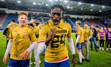 Defender Momodou Lion Njie celebrates KFUM’s promotion to the Eliteserien in November.