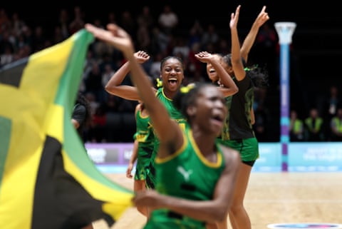 Shanice Beckford celebrates Jamaica’s netball semi-final victory over Australia