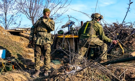 Ukrainian soldiers from an anti-aircraft unit are seen in position, at an undisclosed location near the frontline city of Bakhmut.