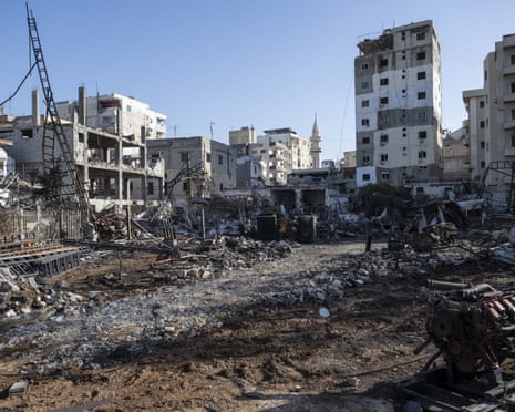 destroyed buildings in rubble after Israeli airstrikes